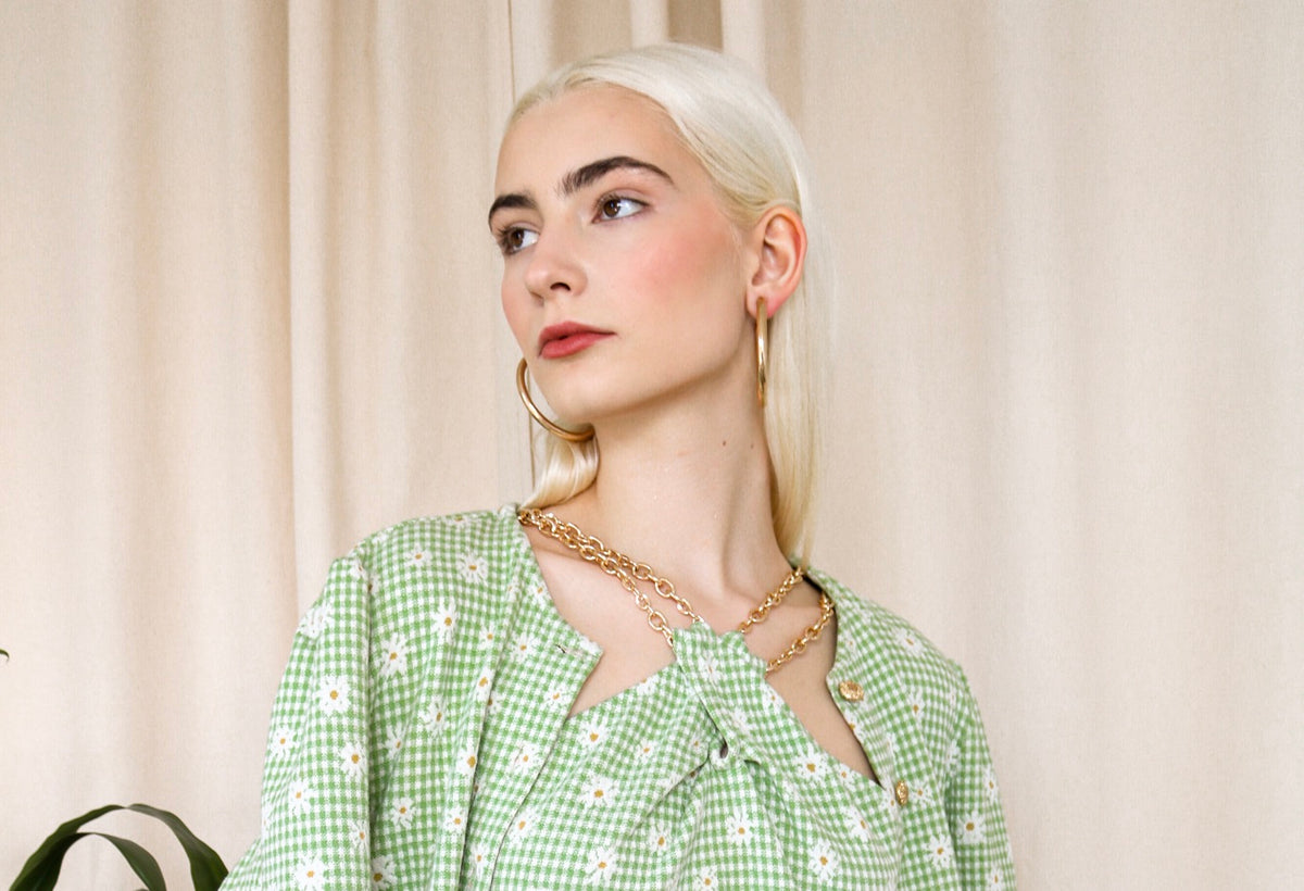 The Trend Apparel gingham jacquard knit cardigan gold chain criss cross neckline tea dress green floral plaid cottagecore