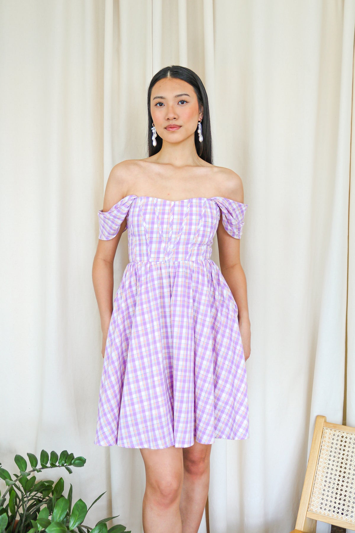 Baby Blue Plaid Off-Shoulder Mini Dress