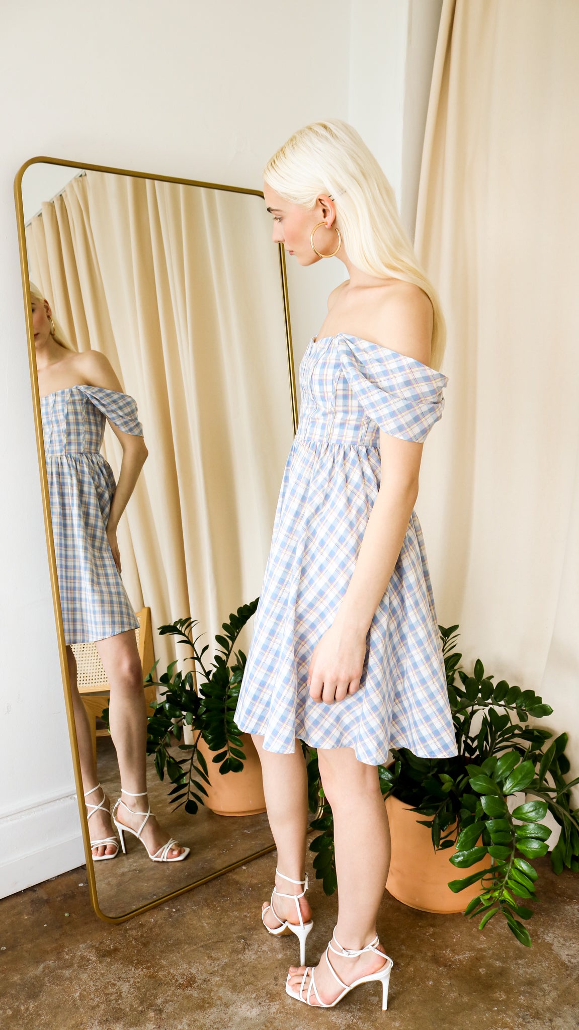 Baby Blue Plaid Off-Shoulder Mini Dress
