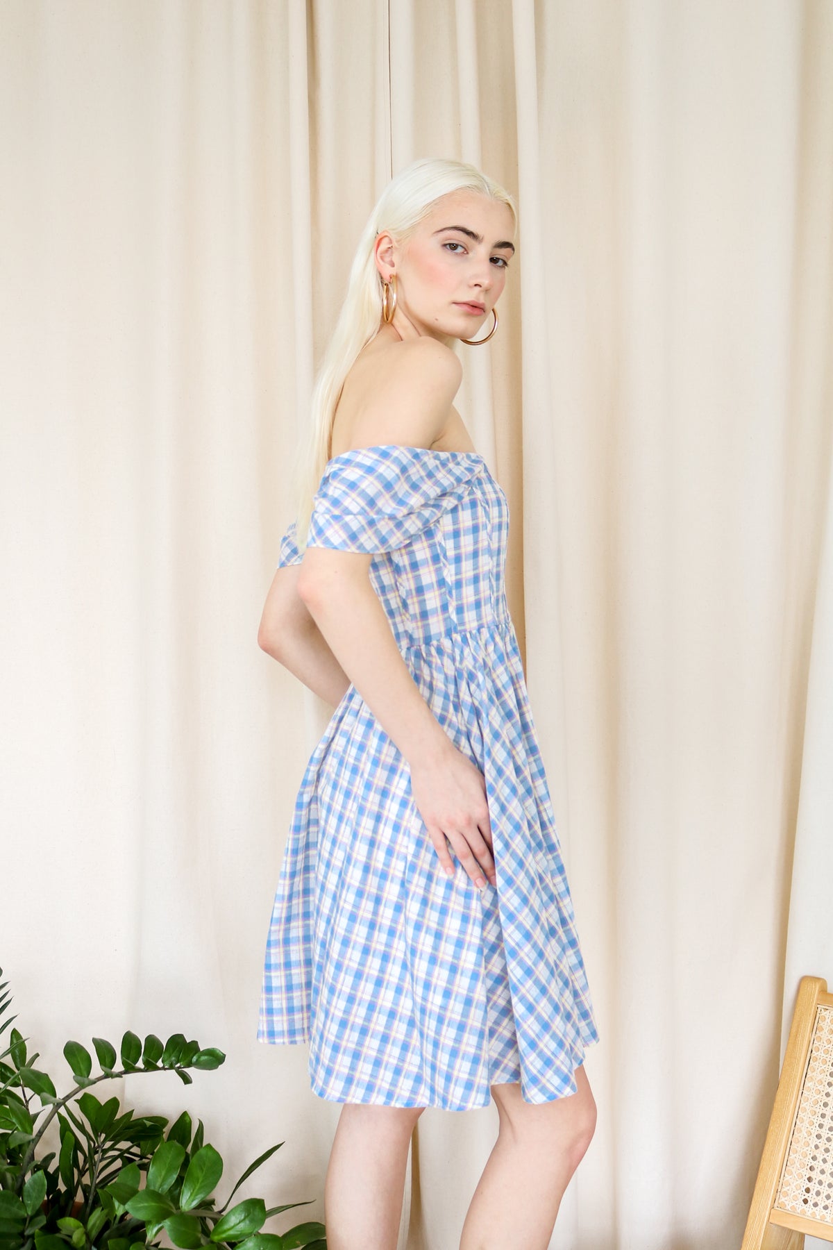 Baby Blue Plaid Off-Shoulder Mini Dress