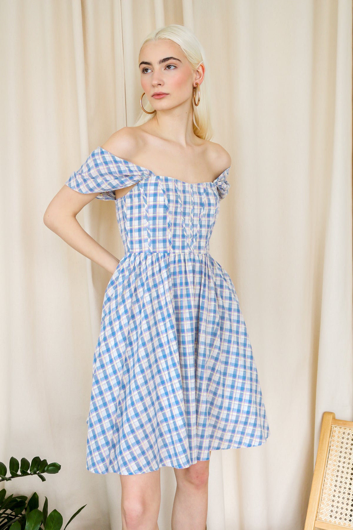 Baby Blue Plaid Off-Shoulder Mini Dress
