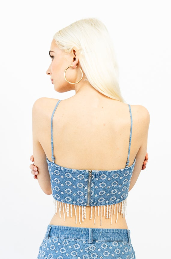 Light Blue Denim Beaded Fringe Crop Top