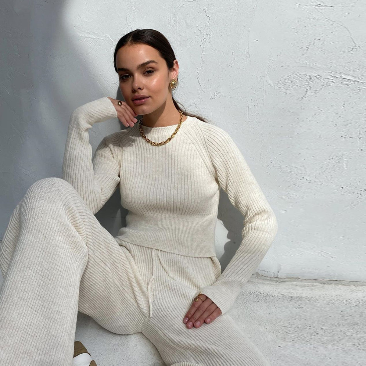 Rib Knit Flared Pants Set