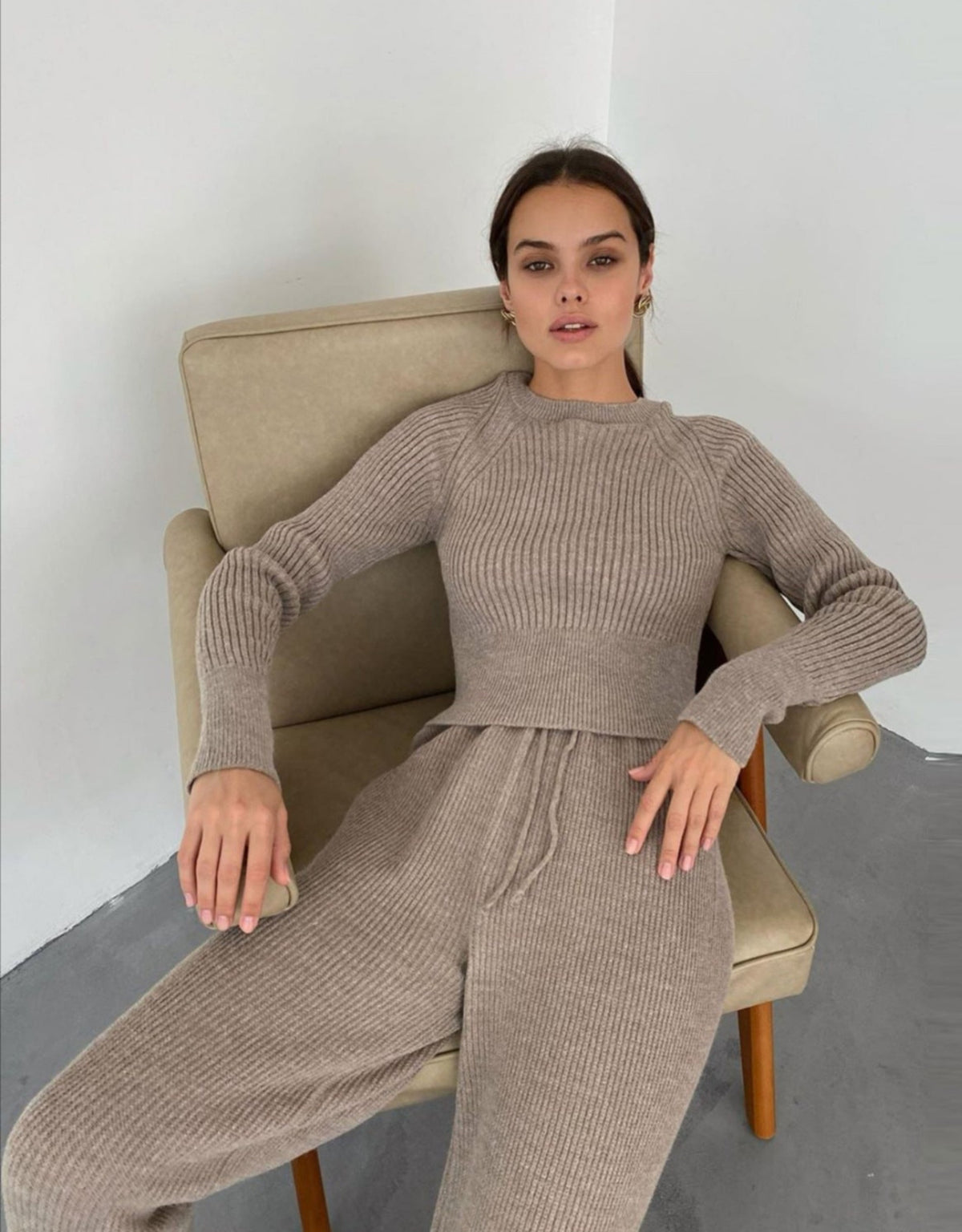 Rib Knit Flared Pants Set
