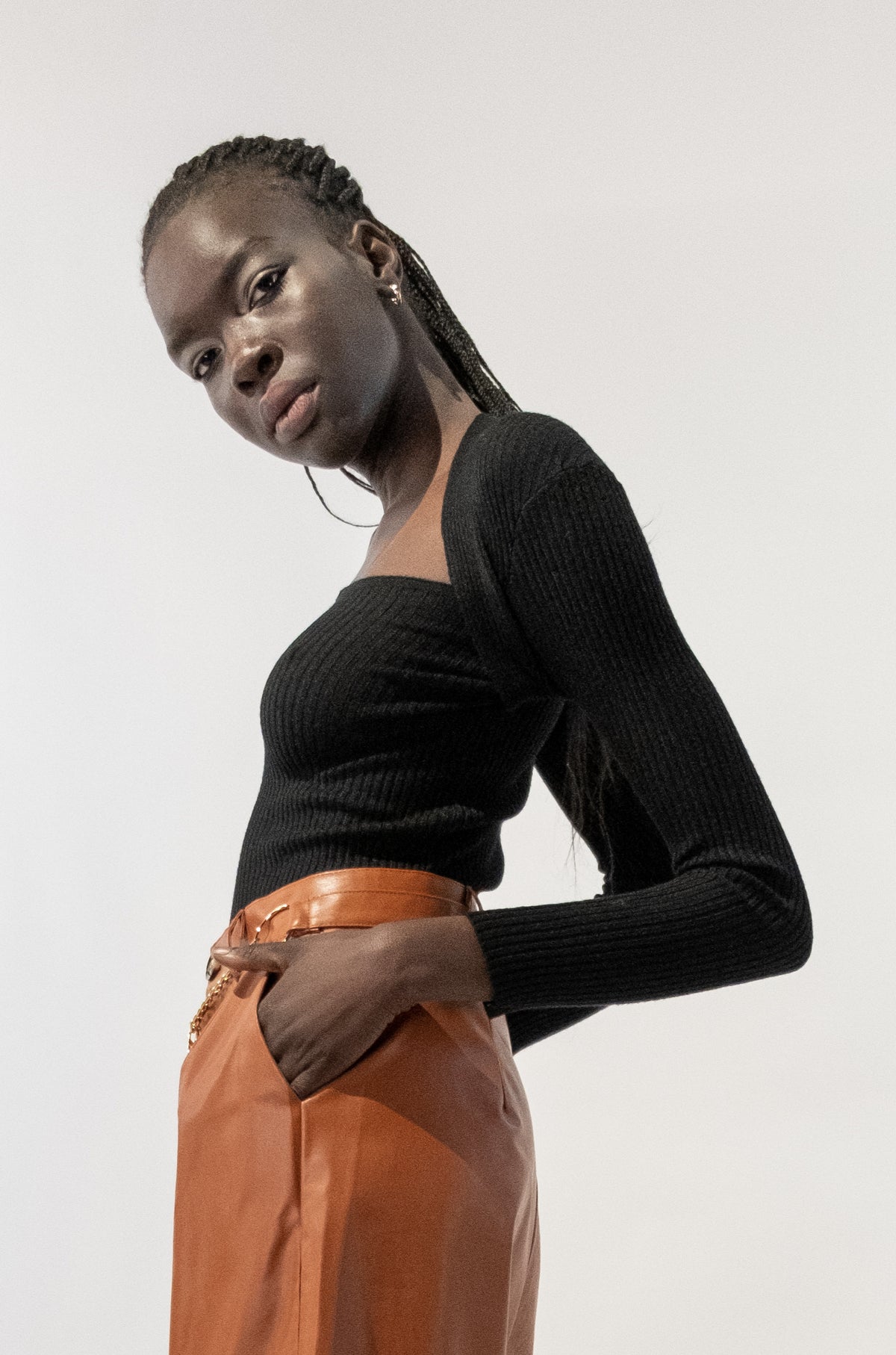 Ribbed Fitted Open Neckline Long Sleeves Top