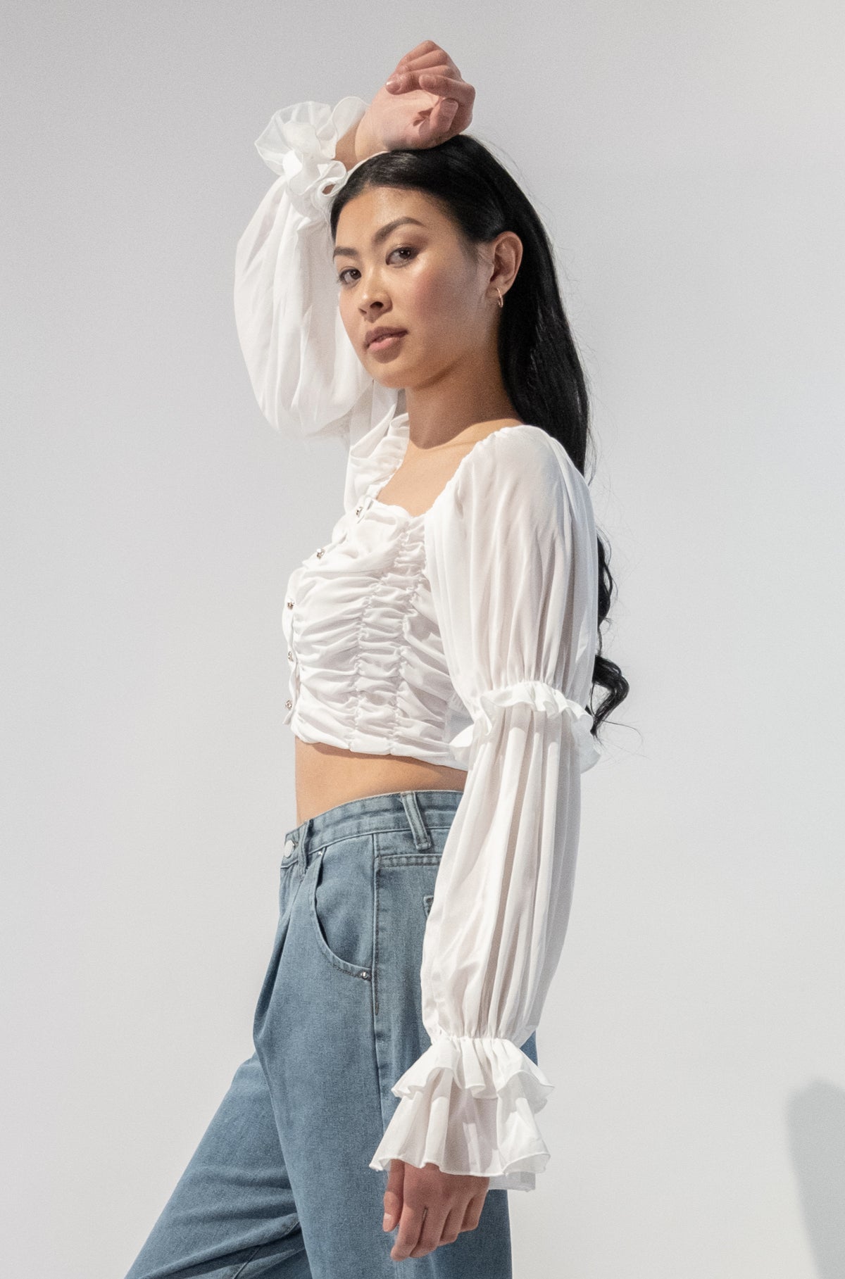 Ruched Cropped Long Sleeve Blouse With Buttons
