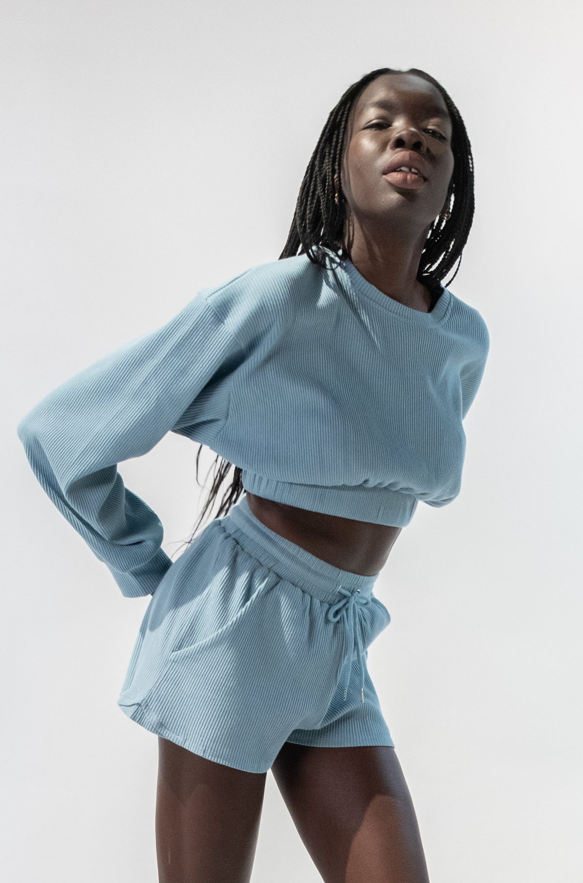 Ribbed Cropped Band Sweater w/ Shorts Set