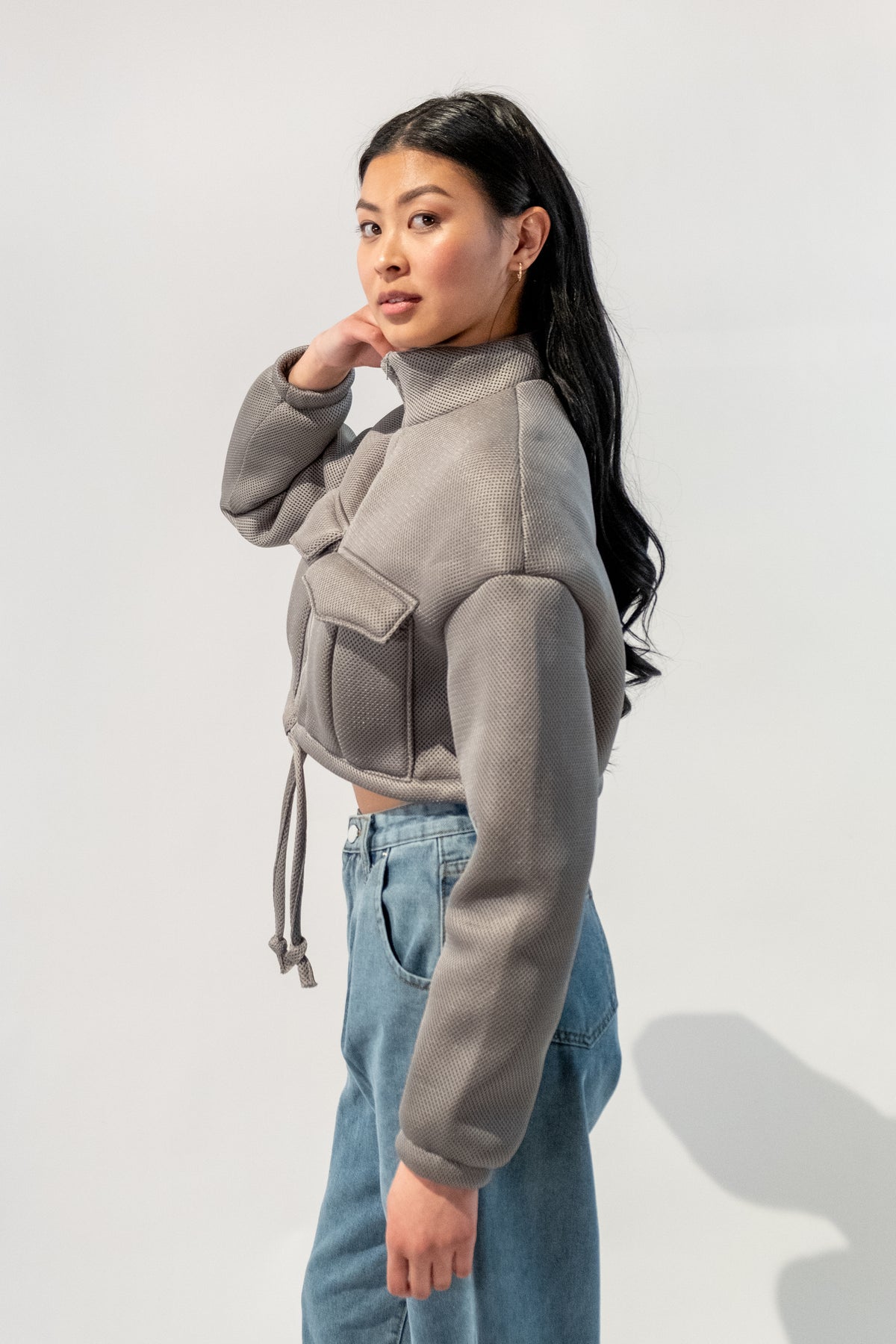 Mock Neck Oversized Cropped Jacket