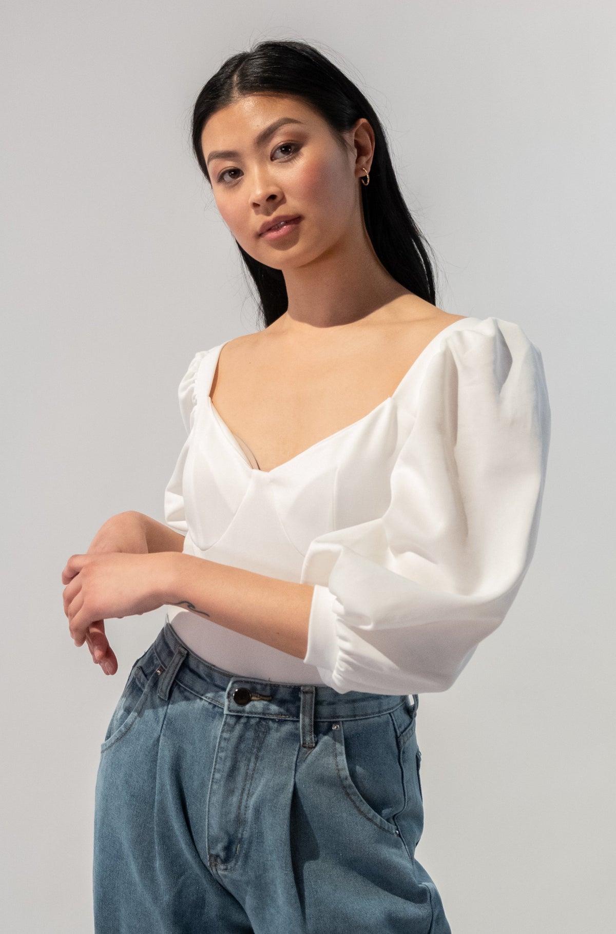 Cupped Balloon Sleeves Bodysuit