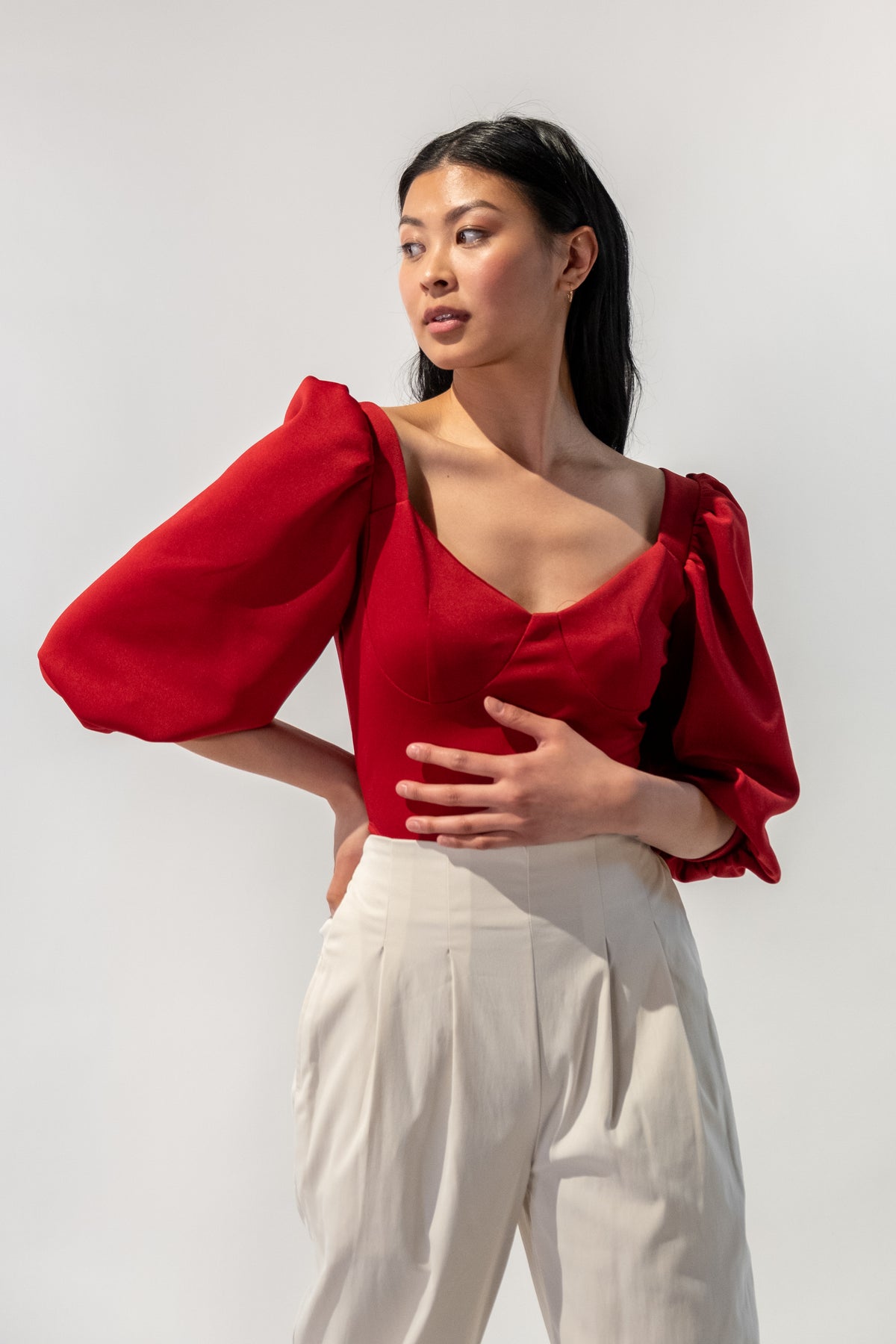 Cupped Balloon Sleeves Bodysuit