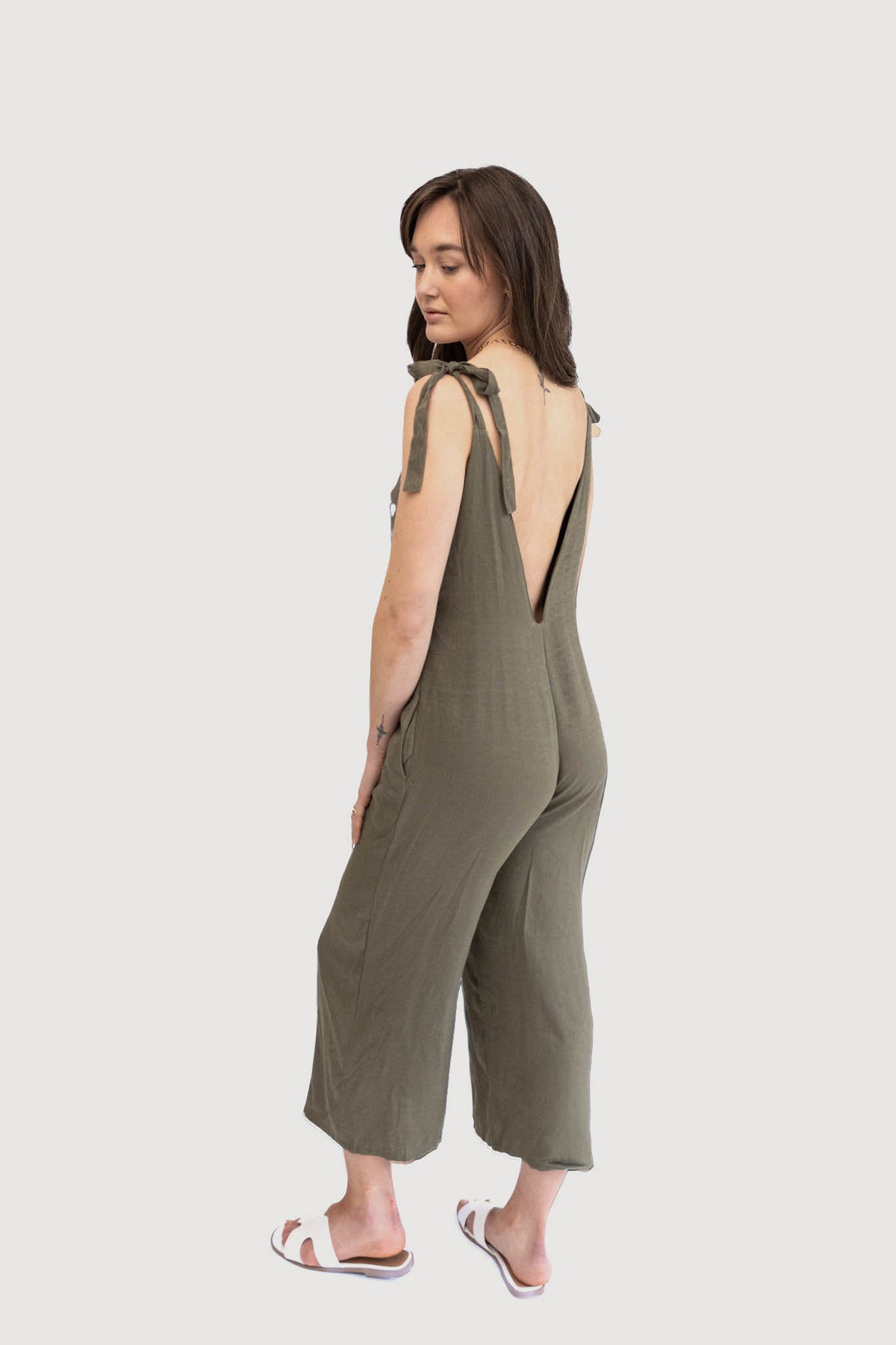 Low V Neck Tie Straps Jumpsuit