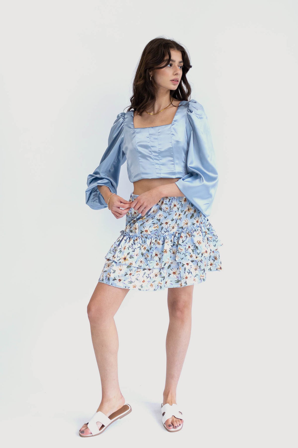 Baby Blue Sustainable Ruffle Floral Mini Skirt