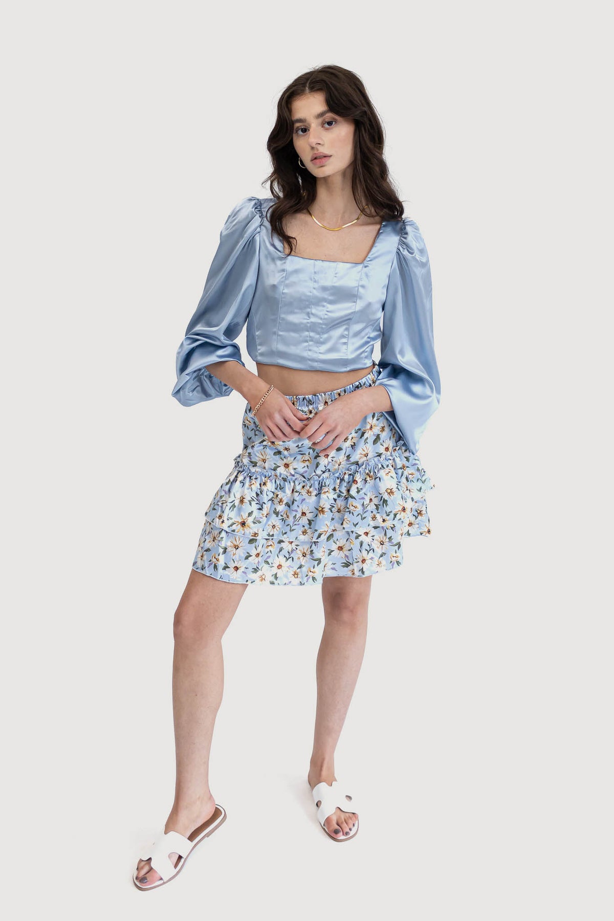 Baby Blue Sustainable Ruffle Floral Mini Skirt