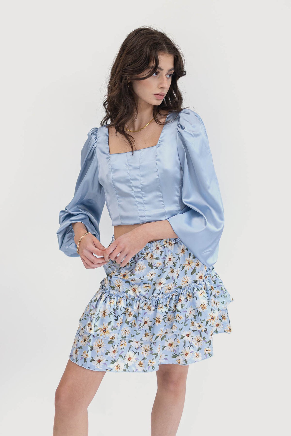Baby Blue Sustainable Ruffle Floral Mini Skirt