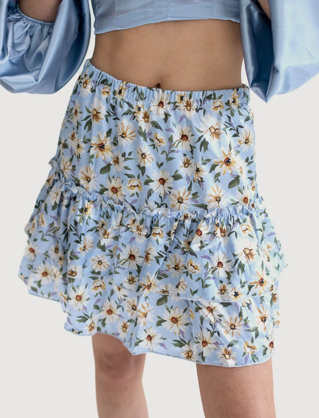 Baby Blue Sustainable Ruffle Floral Mini Skirt