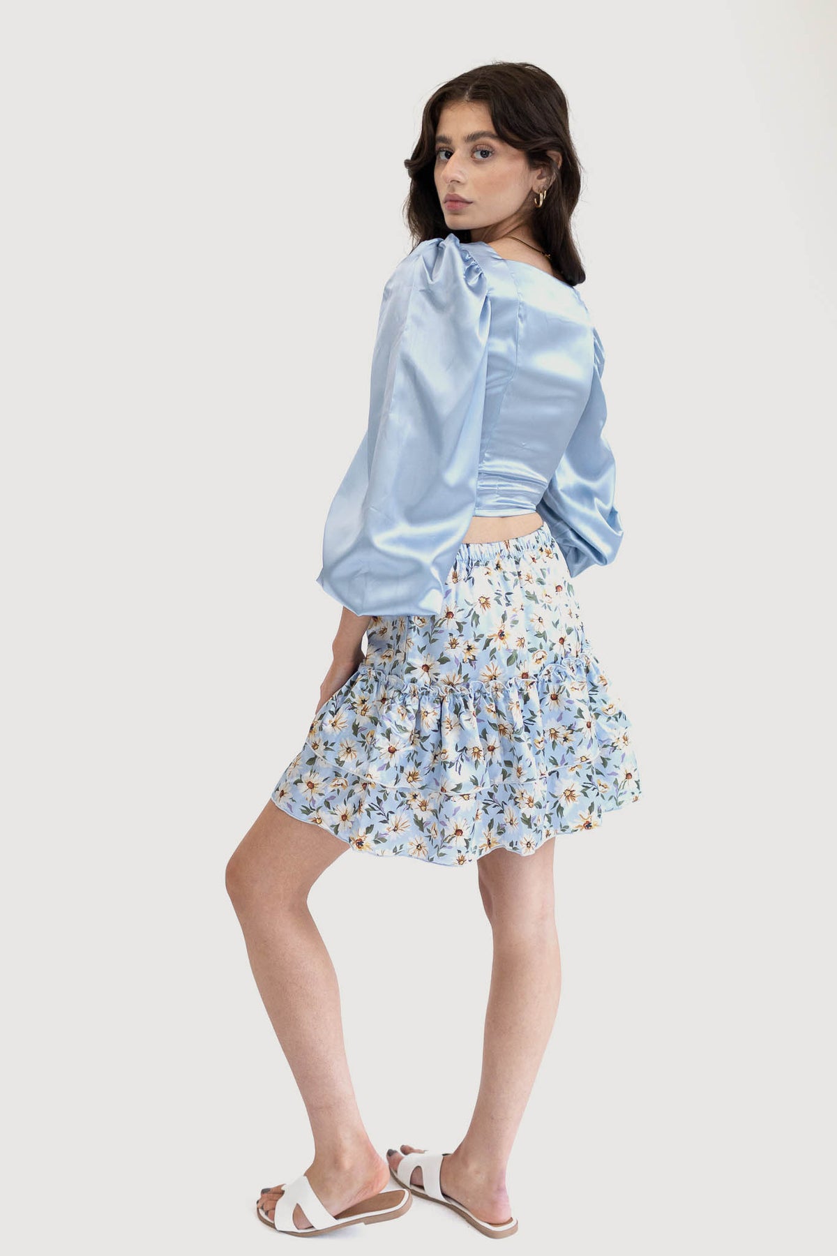 Baby Blue Sustainable Ruffle Floral Mini Skirt