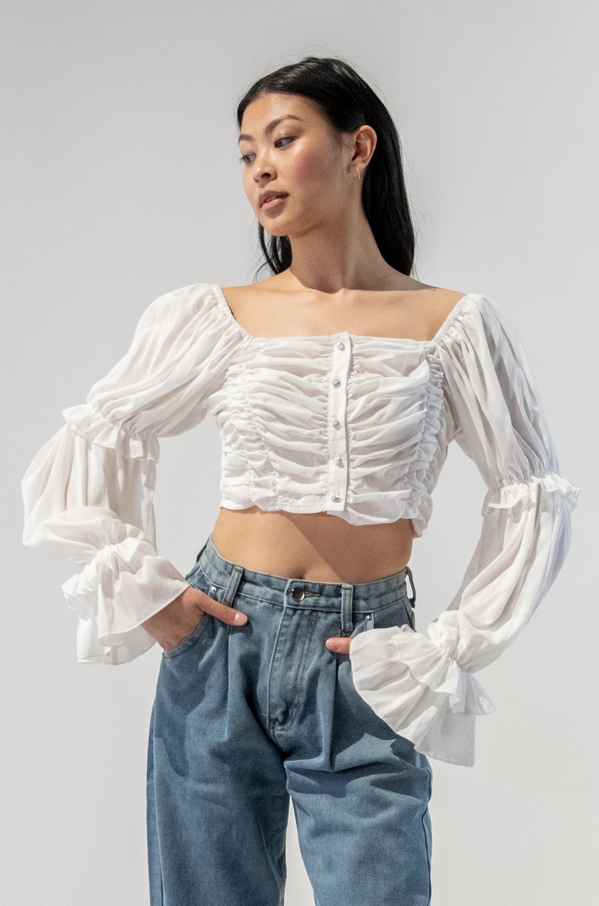 Ruched Cropped Long Sleeve Blouse With Buttons