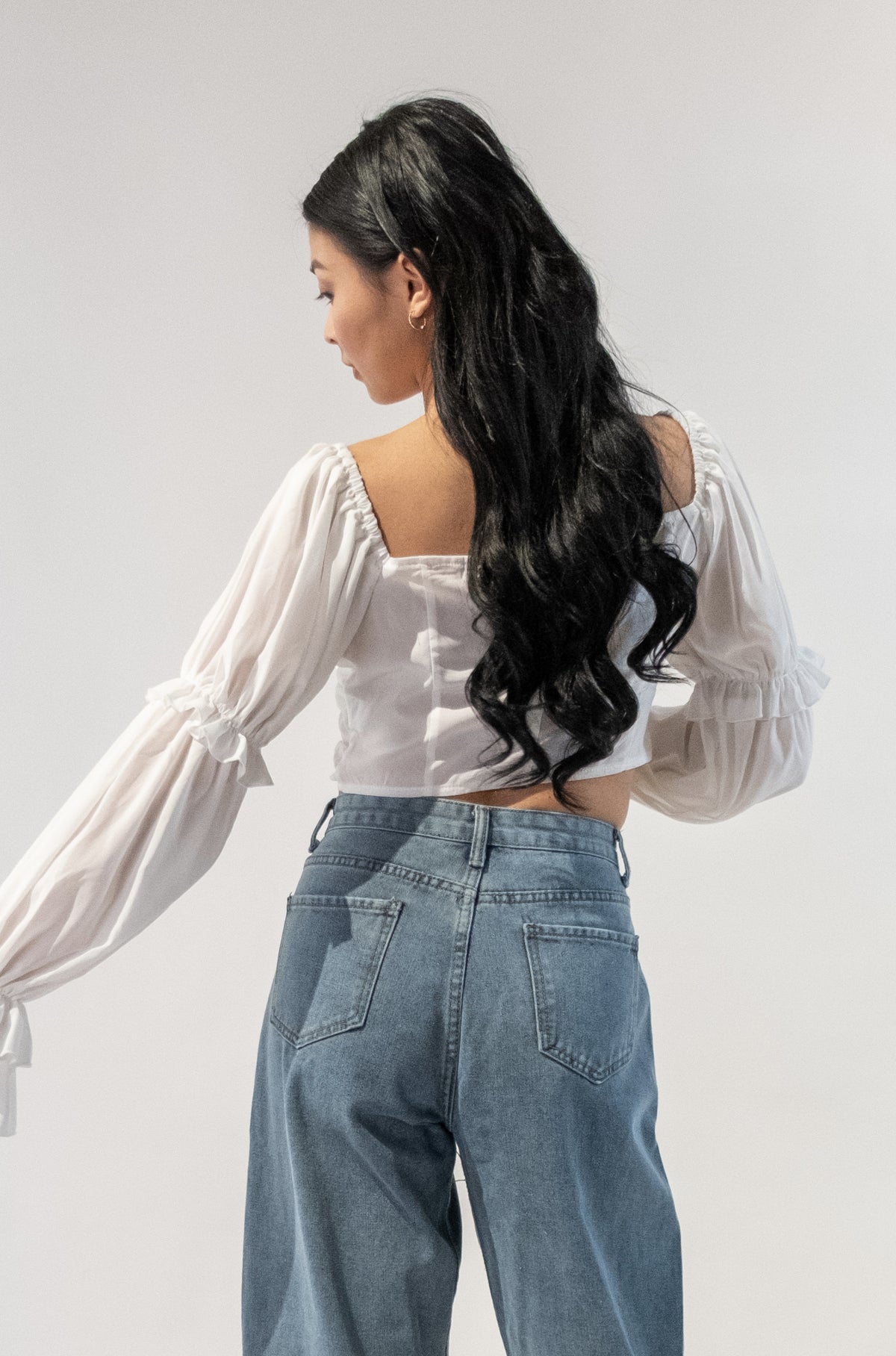 Ruched Cropped Long Sleeve Blouse With Buttons