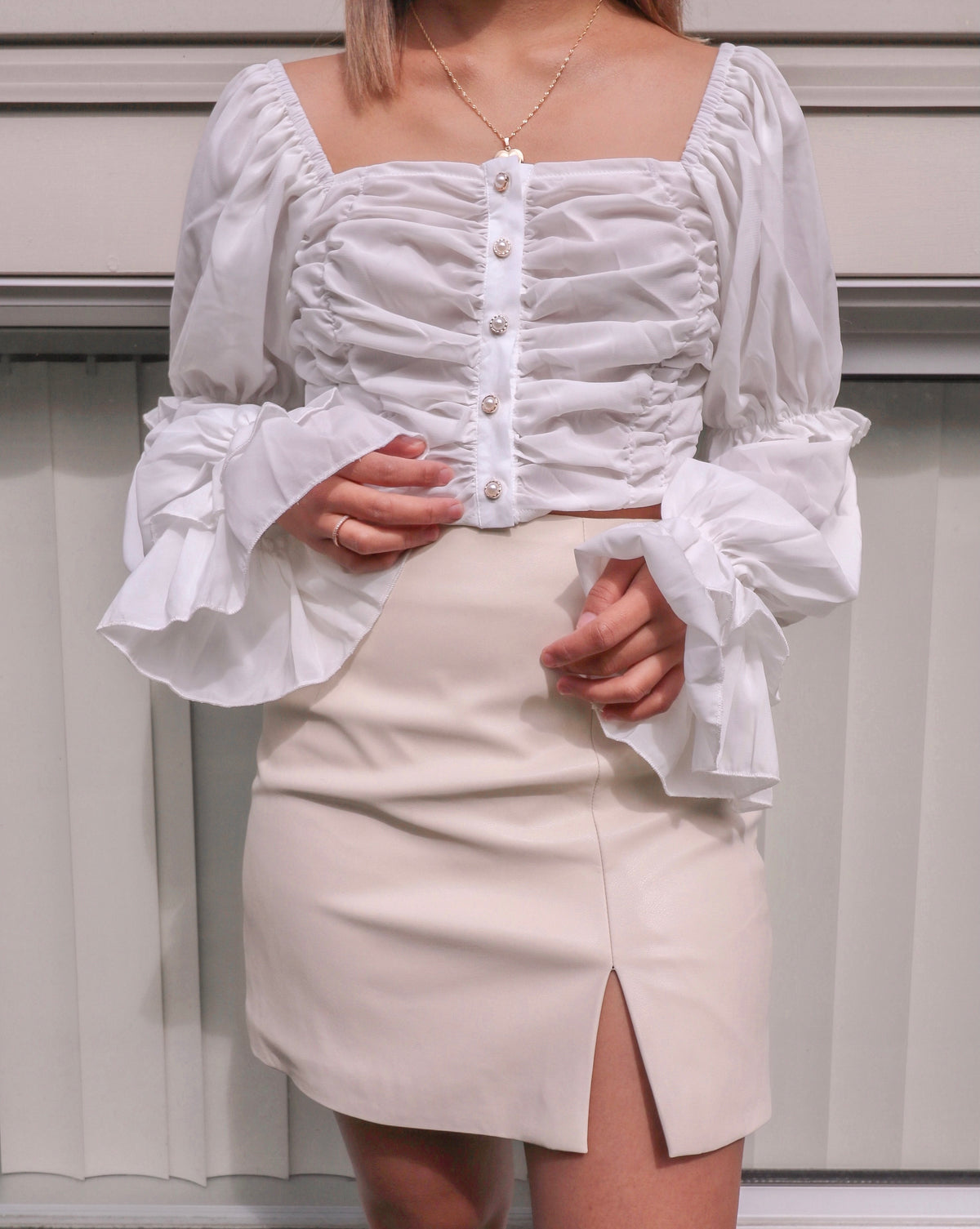 Ruched Cropped Long Sleeve Blouse With Buttons