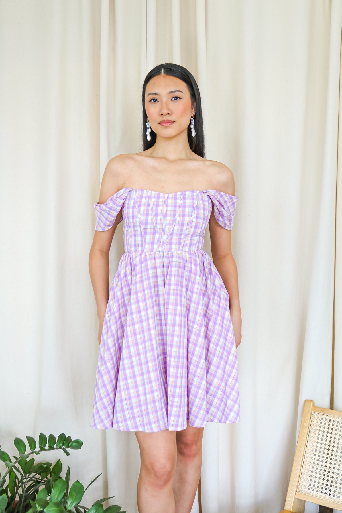 Plaid Off-Shoulder Mini Dress