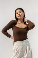 Ribbed Fitted Open Neckline Long Sleeves Top
