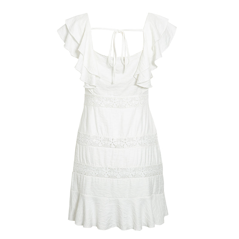White ruffle short sleeves lace dress with square neckline and floral detailing