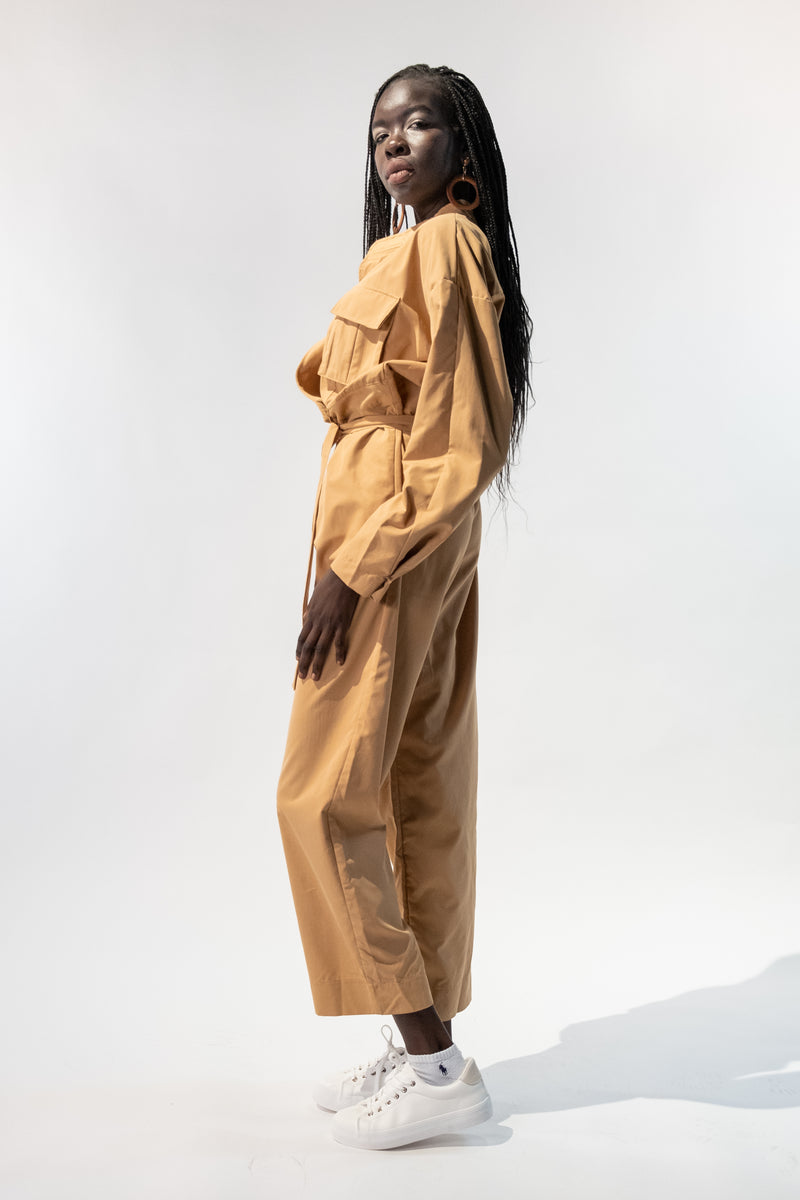 Long Sleeves Belted Jumpsuit w/ Front Pockets