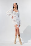 Shirred Dress with Long Puffy Bell Sleeves
