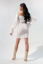 Shirred Dress with Long Puffy Bell Sleeves