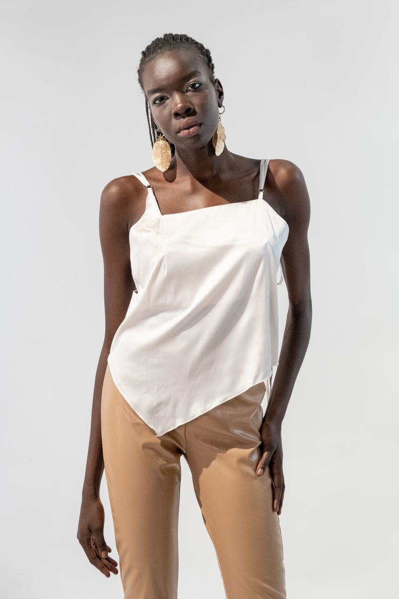 Asymmetrical Satin Tank Top With Long Straps