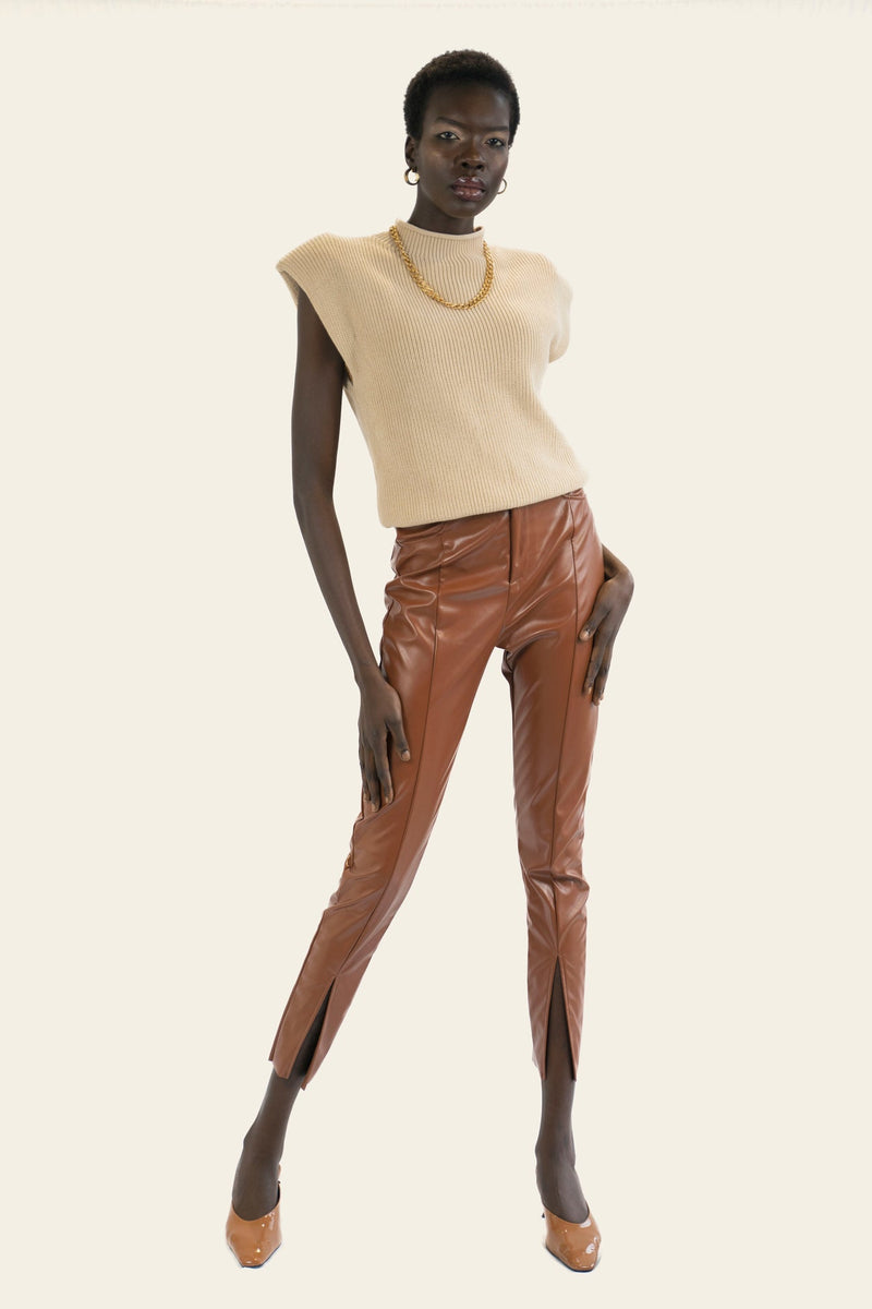 Chic Vegan Leather Front Slit Leg Pants – - Main Image
