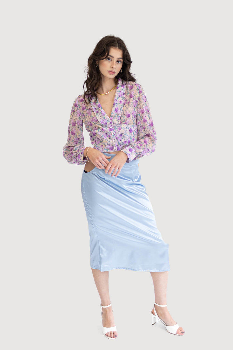 Sleek Satin Midi Skirt with Cut-Out Details