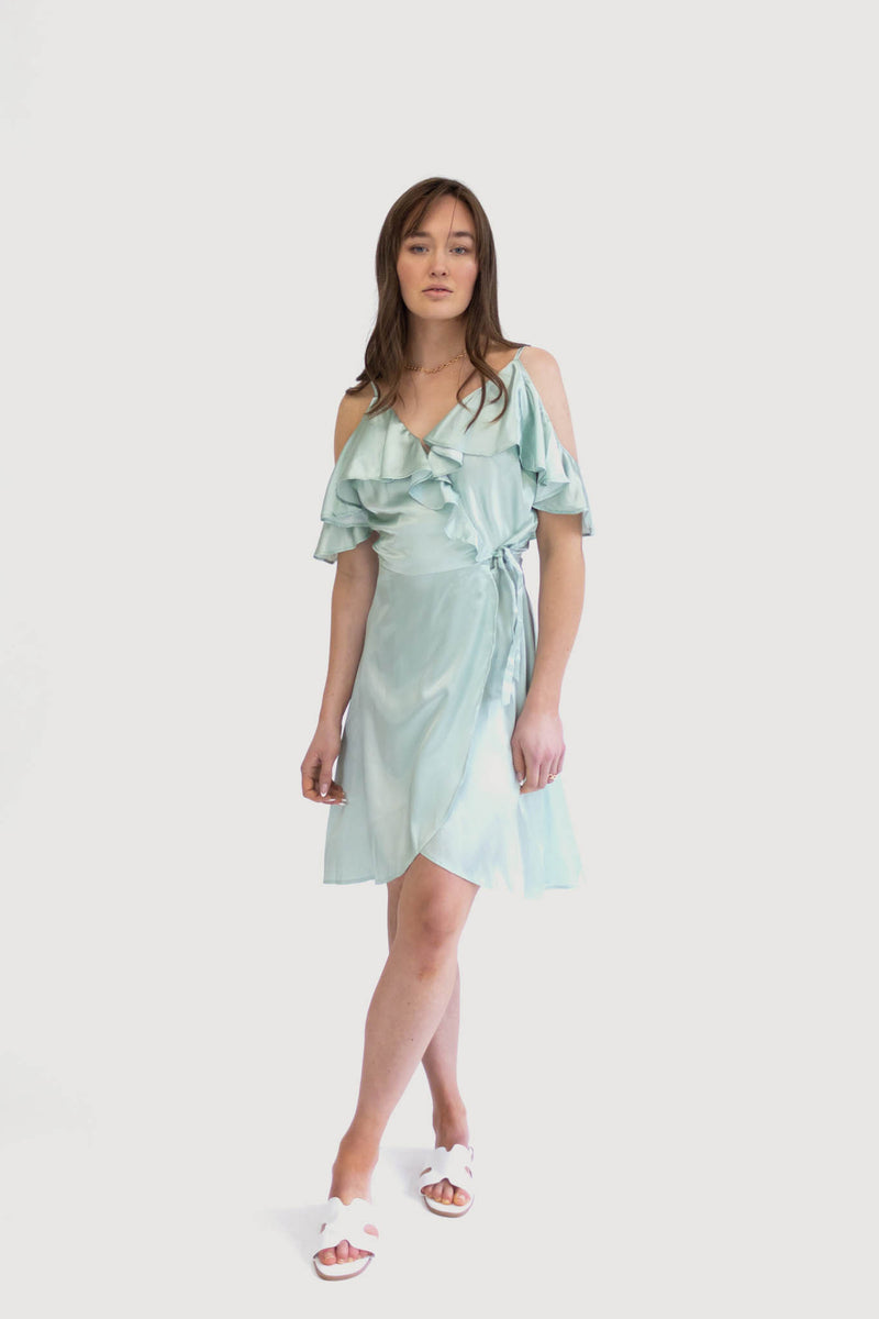 Off-the-Shoulder Wrap Sustainable Mini Dress