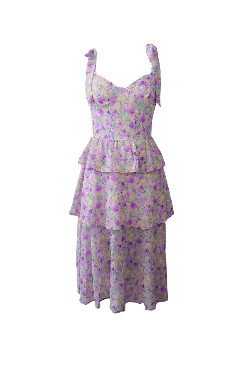 The Florence- Floral Tiered Ruffle Midi Dress. Front.