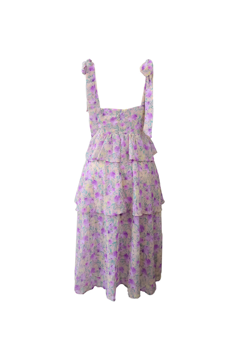 The Florence- Floral Tiered Ruffle Midi Dress. Back.