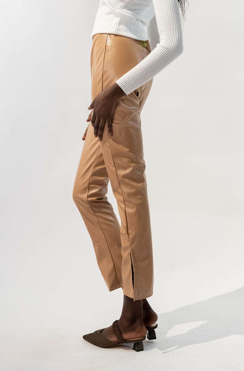 Vegan Leather High Waisted Slim Flare Pants With Slits