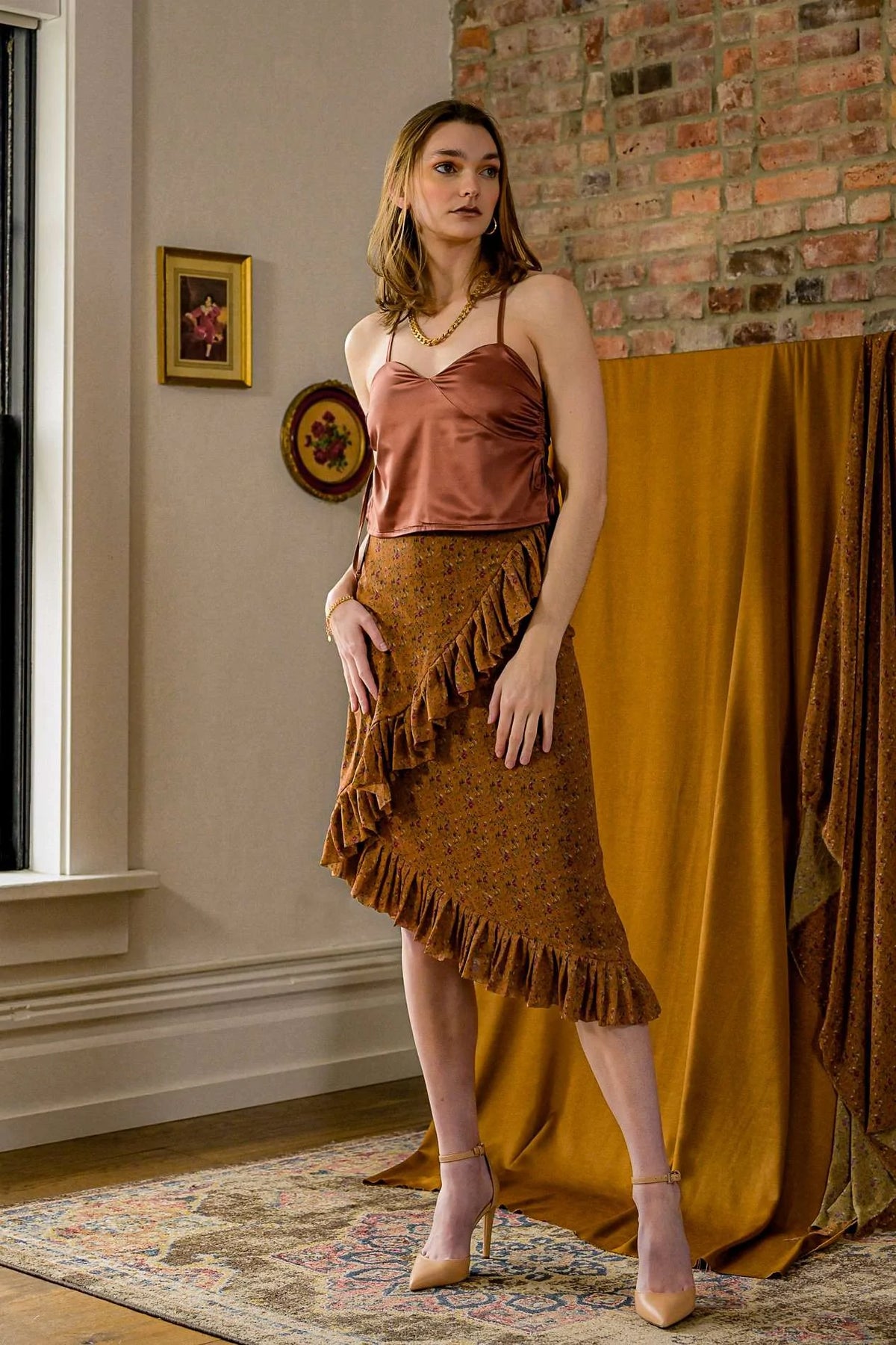 Floral Asymmetrical Midi Skirt with Ruffled Hem