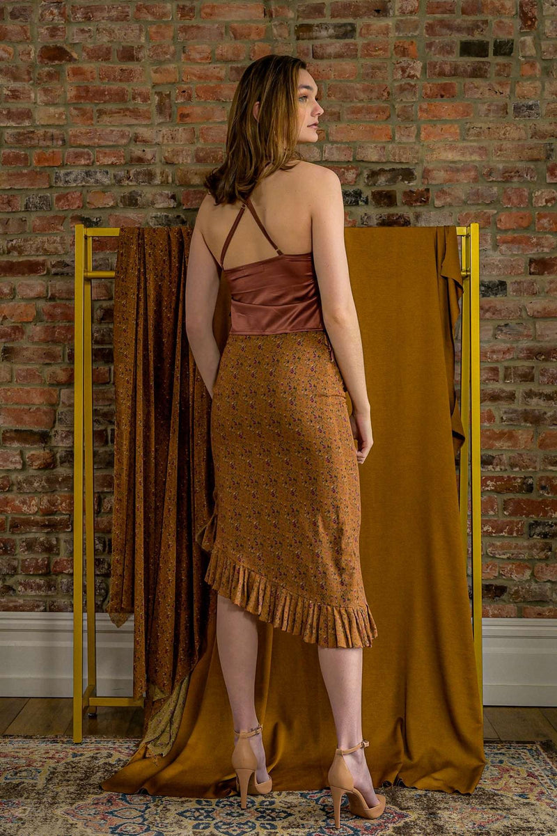 Floral Asymmetrical Midi Skirt with Ruffled Hem