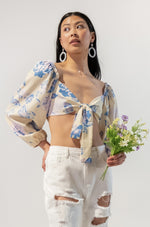 Long Sleeves Cropped Floral Tie Blouse